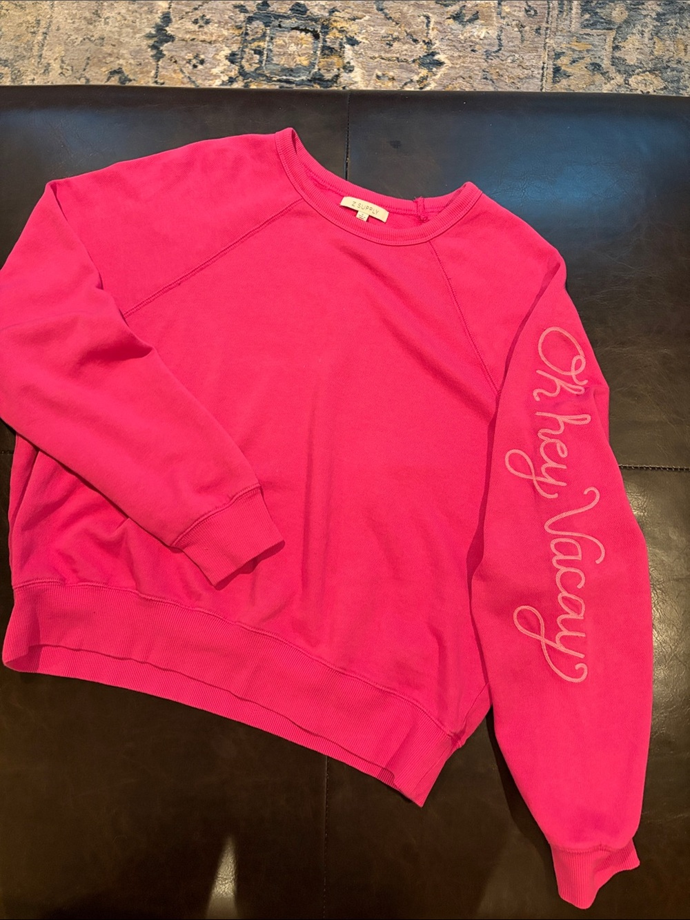 Z Supply Hot Pink Crewneck Sweatshirt with 'Oh Hey Vacay' Sleeve Script